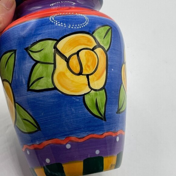Milson & Louis Hand Painted Flower Vase Cobalt Blue Yellow Flowers Red Rim 6" - Picture 4 of 8